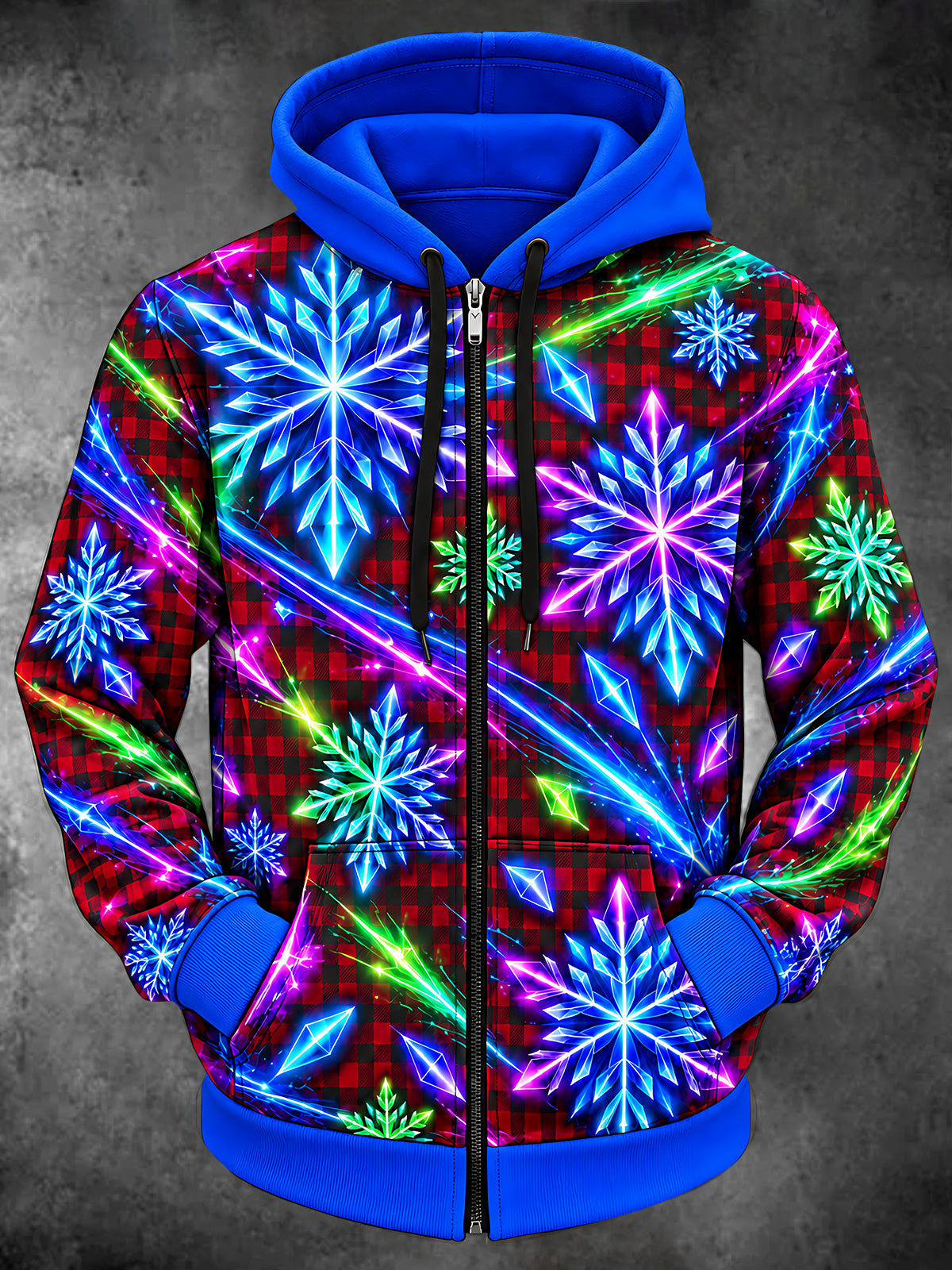 Adaychic Men's Long Sleeve Zip-Up Hoodie - Neon Snowflakes And Geometric Crystals Print