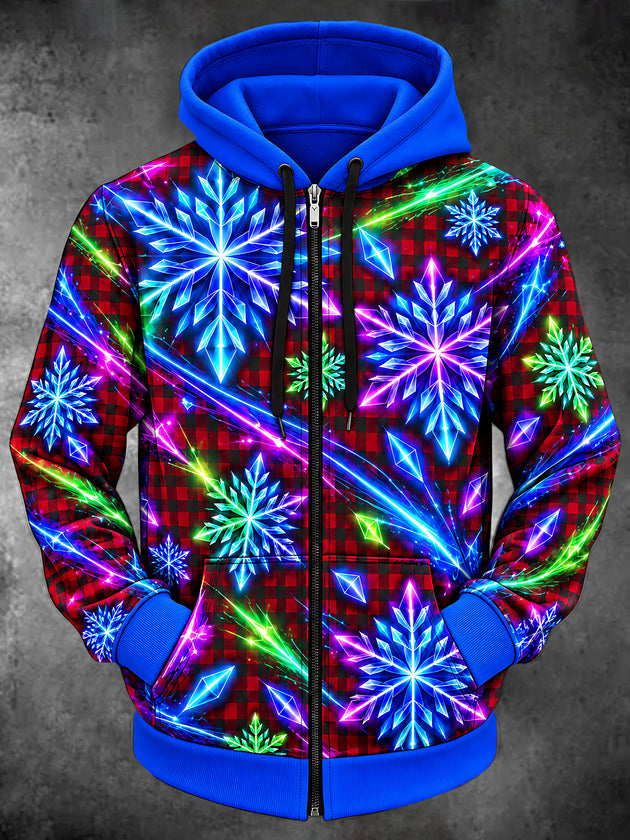 Adaychic Men's Long Sleeve Zip-Up Hoodie - Neon Snowflakes And Geometric Crystals Print