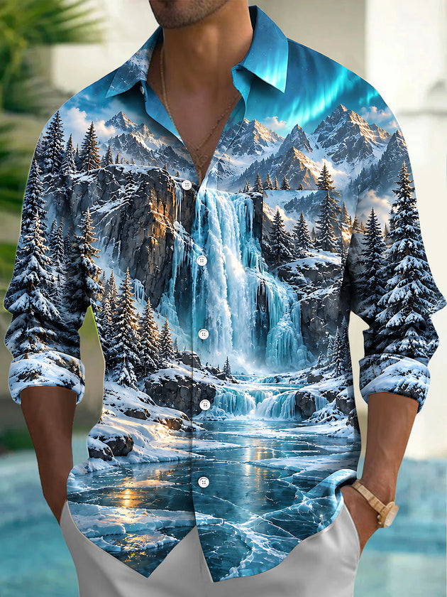 Adaychic Men's Long Sleeve Shirt - Snowy Mountain Landscape With Ice Waterfall Print with Chest Pocket