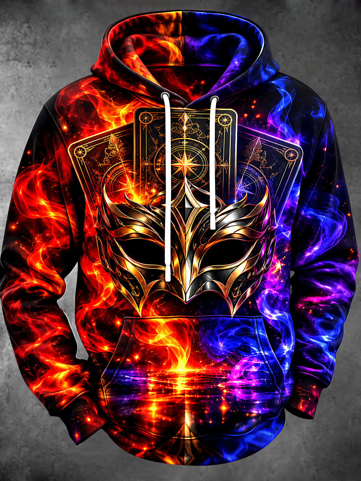 Adaychic Men's Graphic Fantasy Mask And Tarot Cards Print Long Sleeve Hoodie