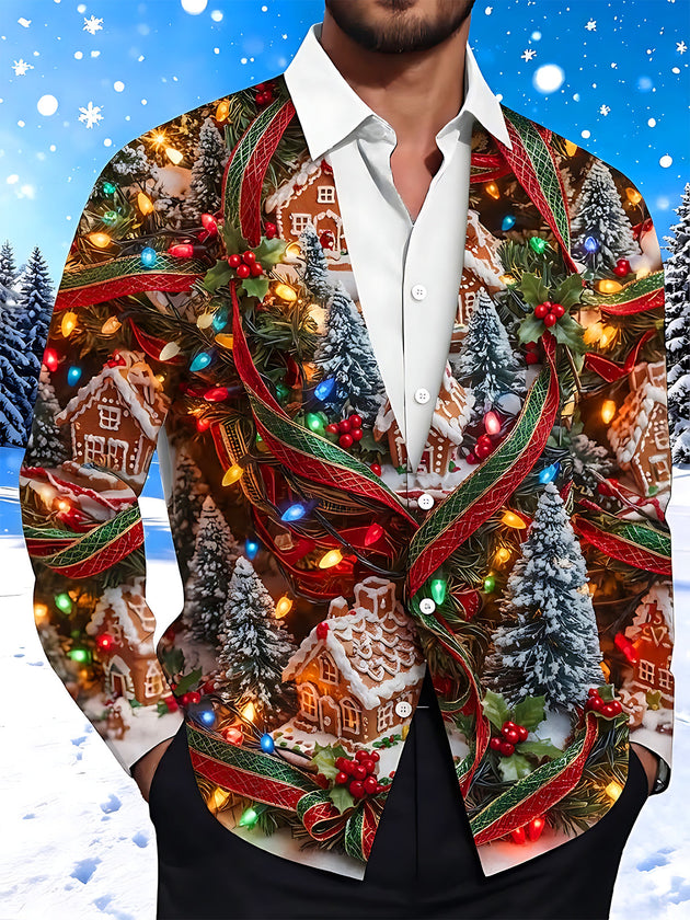 Adaychic Men's Gingerbread Houses And Christmas Trees Print Long Sleeve Shirt with Chest Pocket