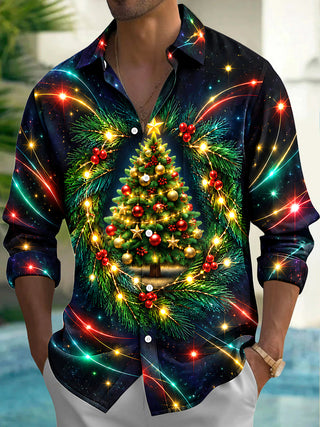 Adaychic Men's Long Sleeve Shirt - Christmas Tree With Ornaments And Pine Branches Print with Chest Pocket