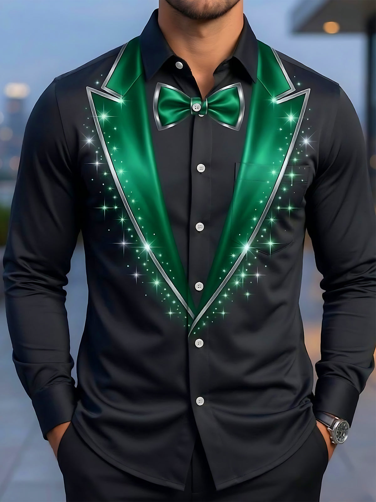 Adaychic Men's Printed Tuxedo Jacket And Bow Tie Print Long Sleeve Shirt with Chest Pocket