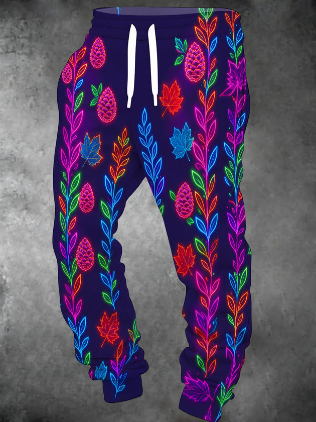 Adaychic Men's Printed Neon Maple Leaves And Pinecones Print Pants