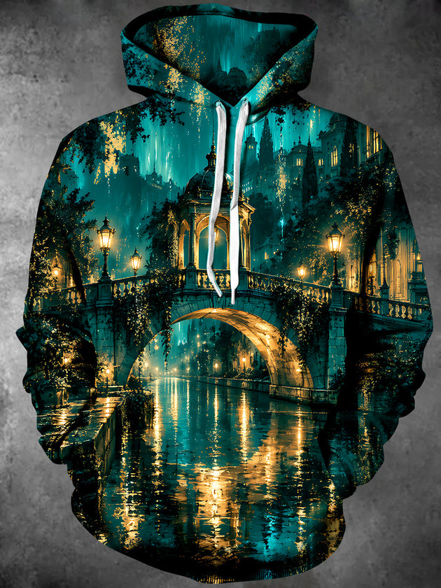 Adaychic Men's Long Sleeve Hoodie - Fantasy Cityscape With Bridge And Water Reflections Print