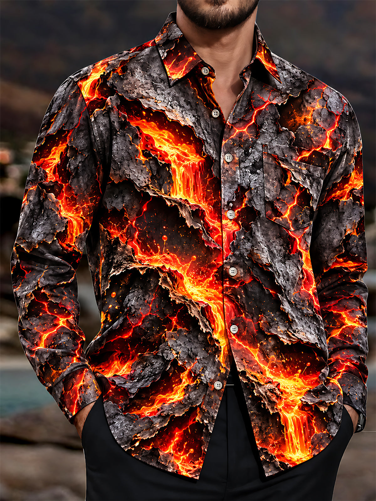 Adaychic Men's Graphic Volcanic Lava And Cracked Rock Print Long Sleeve Shirt with Chest Pocket