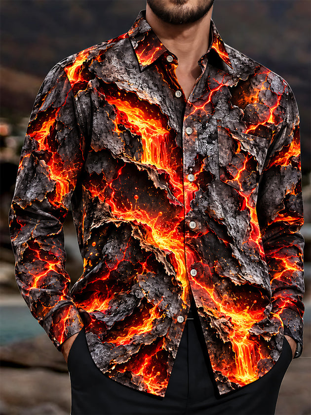 Adaychic Men's Graphic Volcanic Lava And Cracked Rock Print Long Sleeve Shirt with Chest Pocket