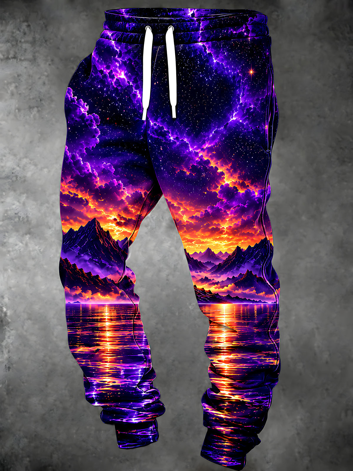 Adaychic Men's Pants - Cosmic Sunset Landscape With Mountains And Water Reflection Print