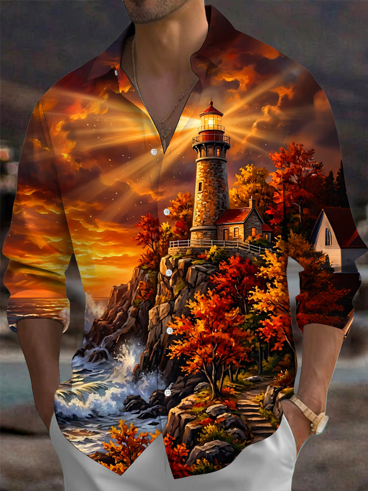 Adaychic Men's Autumn Lighthouse Cliff Landscape Print Long Sleeve Shirt with Chest Pocket