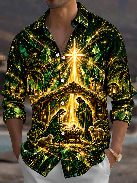 Adaychic Men's Long Sleeve Shirt - Nativity Scene With Mary Joseph Baby Jesus And Sheep Print with Chest Pocket