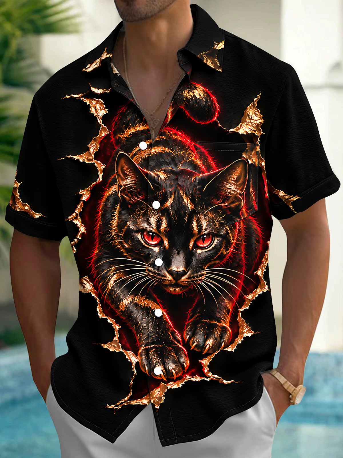 Adaychic Men's Short Sleeve Shirt - Black Cat With Red Eyes Bursting Through Fabric Print with Chest Pocket
