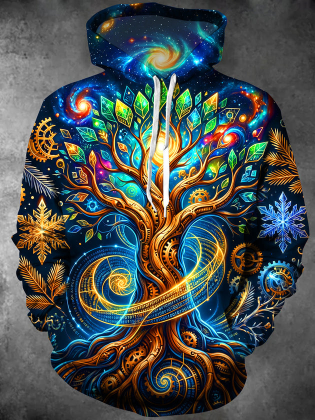 Adaychic Men's Long Sleeve Hoodie - Cosmic Tree Of Life With Gears And Binary Code Print