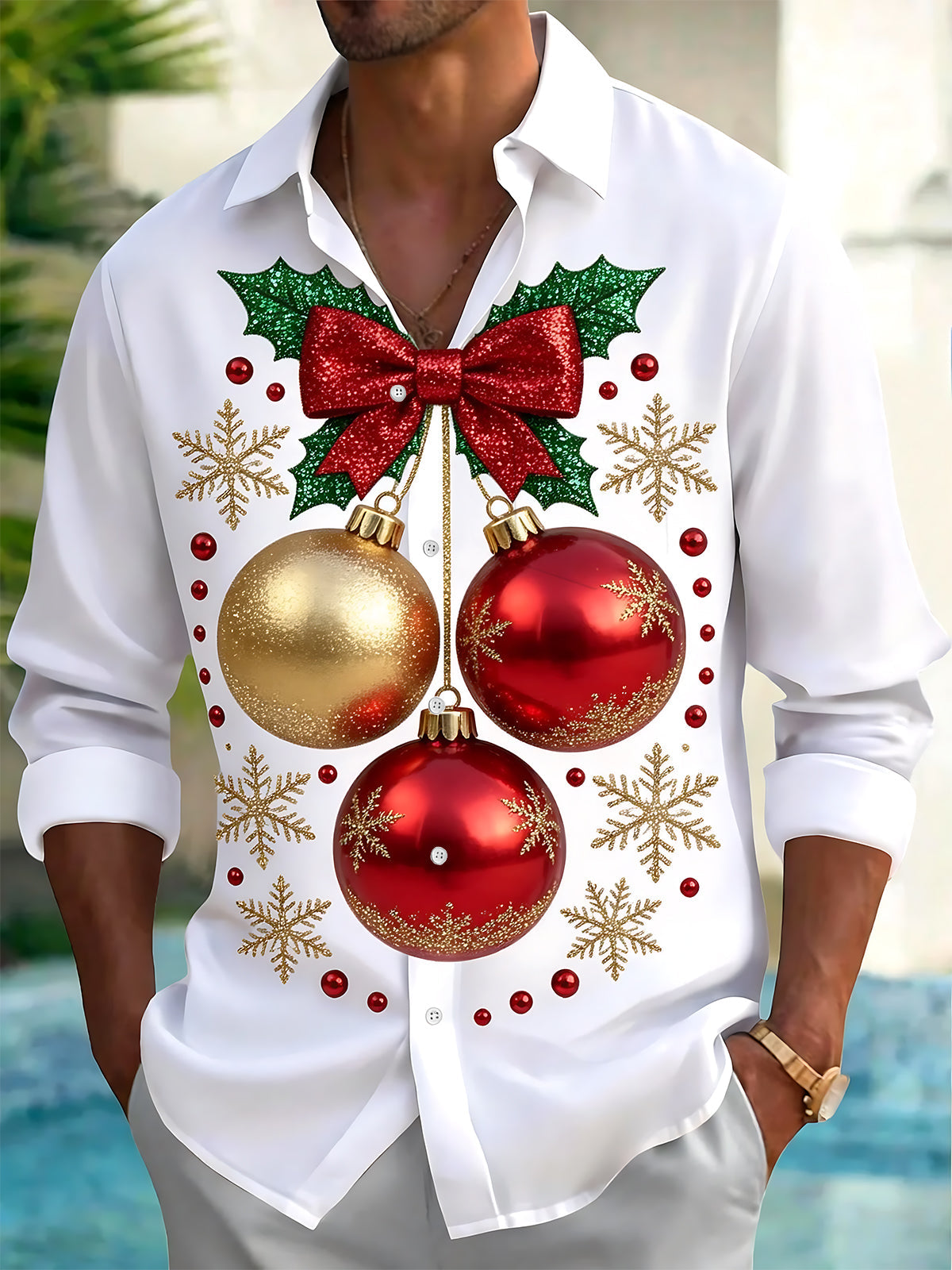 Adaychic Men's Christmas Ornaments And Snowflakes Print Long Sleeve Shirt with Chest Pocket