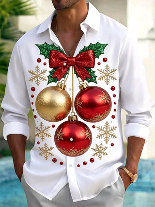 Adaychic Men's Christmas Ornaments And Snowflakes Print Long Sleeve Shirt with Chest Pocket