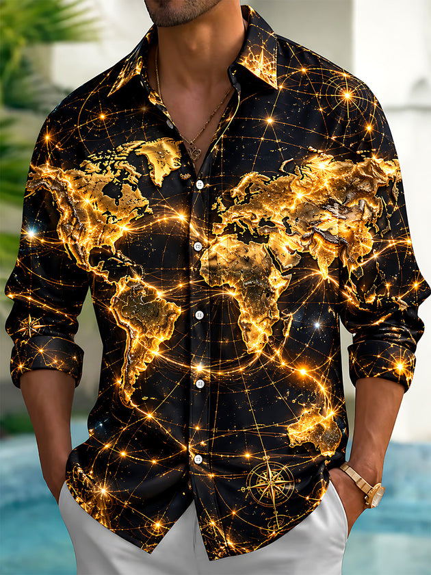 Adaychic Men's Long Sleeve Shirt - Golden World Map With Constellation Lines Print with Chest Pocket