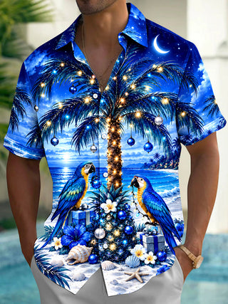 Adaychic Men's Christmas Palm Tree And Parrots Print Short Sleeve Shirt with Chest Pocket