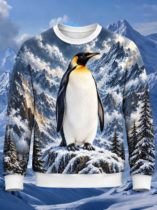 Adaychic Men's Penguin In Snowy Mountain Landscape Print Long Sleeve Sweatshirt