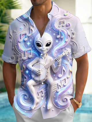 Adaychic Men's Graphic Alien Playing Banjo Print Short Sleeve Shirt with Chest Pocket