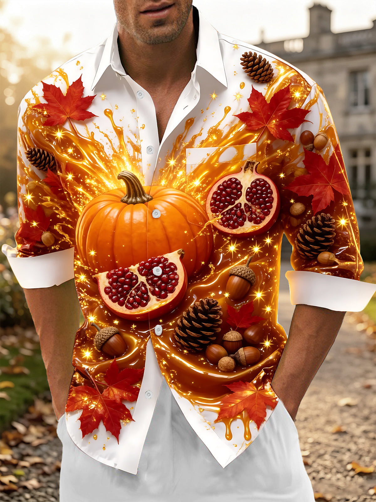 Adaychic Men's Printed Autumn Pumpkin And Pomegranate Print Long Sleeve Shirt with Chest Pocket