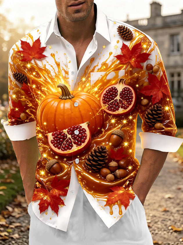 Adaychic Men's Printed Autumn Pumpkin And Pomegranate Print Long Sleeve Shirt with Chest Pocket