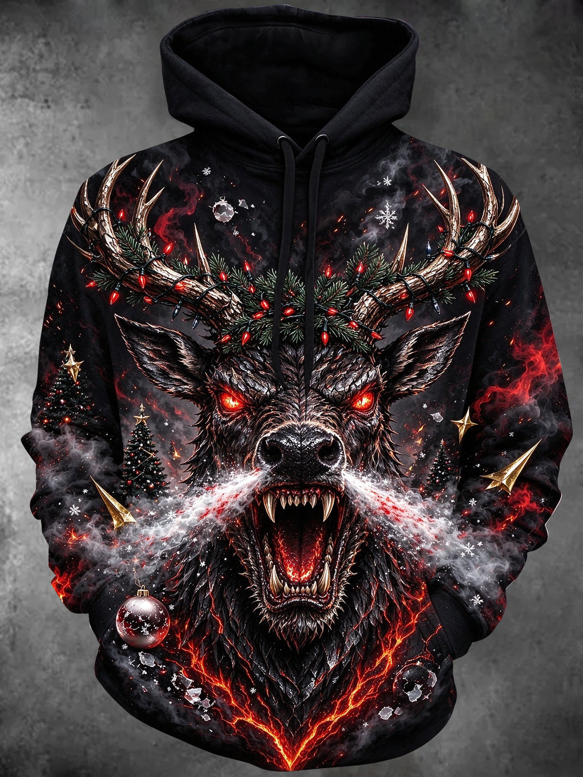 Adaychic Men's Long Sleeve Hoodie - Menacing Elk With Christmas Lights And Ornaments Print