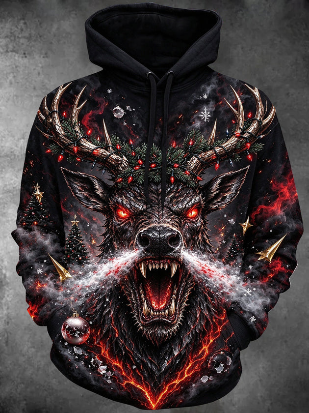 Adaychic Men's Long Sleeve Hoodie - Menacing Elk With Christmas Lights And Ornaments Print