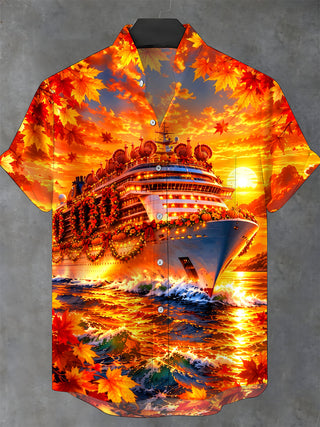 Adaychic Men's Short Sleeve Stand Collar Shirt - Thanksgiving Cruise Ship With Turkeys And Autumn Leaves Print with Chest Pocket