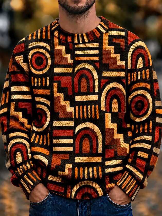 Adaychic Men's Long Sleeve Crew Neck Sweater - Vintage Geometric Arch And Circle Patterns Print