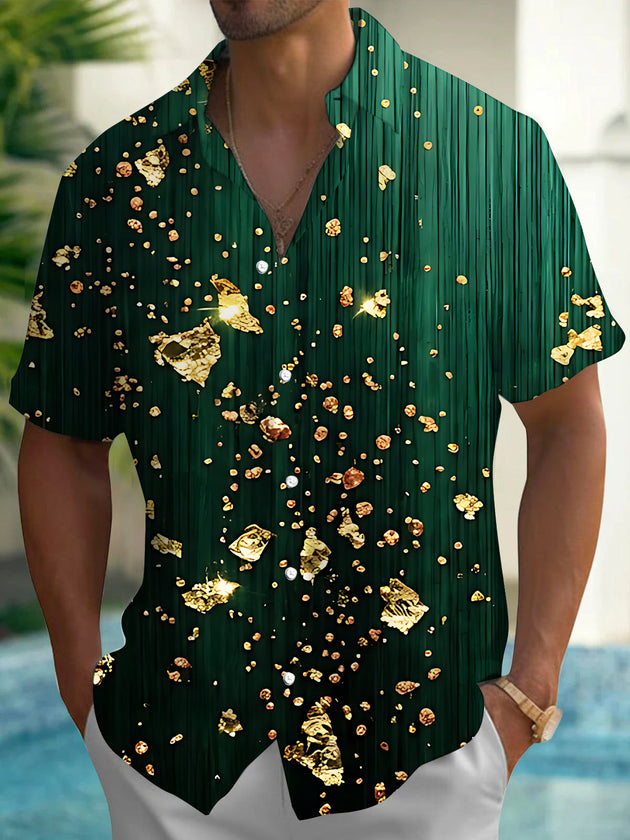Adaychic Men's Hawaiian Gold Foil Crystals And Dots Print Short Sleeve Shirt with Chest Pocket