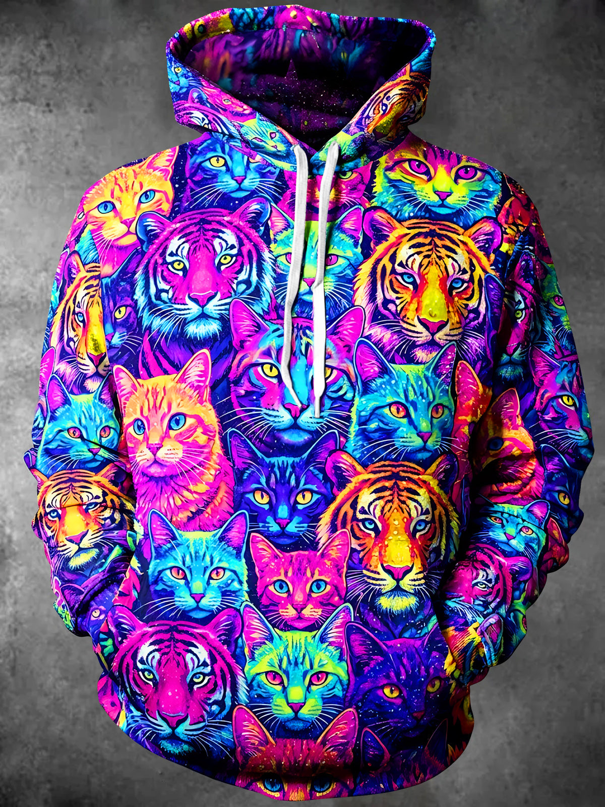 Adaychic Men's Graphic Colorful Cat And Tiger Faces Print Long Sleeve Hoodie