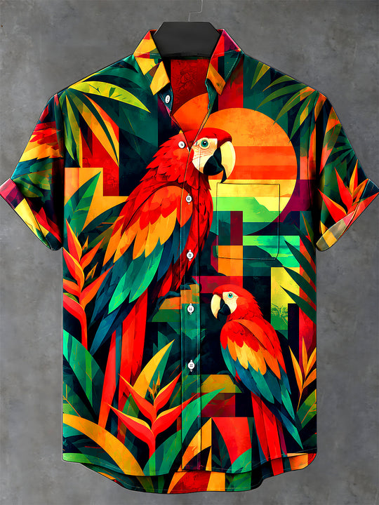Adaychic Men's Hawaiian Parrots And Sunset Print Short Sleeve Shirt with Chest Pocket