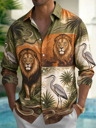 Adaychic Men's Hawaiian Lion And Heron Wildlife Print Long Sleeve Shirt with Chest Pocket