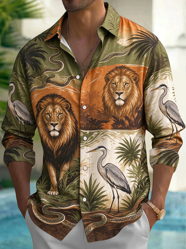 Adaychic Men's Hawaiian Lion And Heron Wildlife Print Long Sleeve Shirt with Chest Pocket