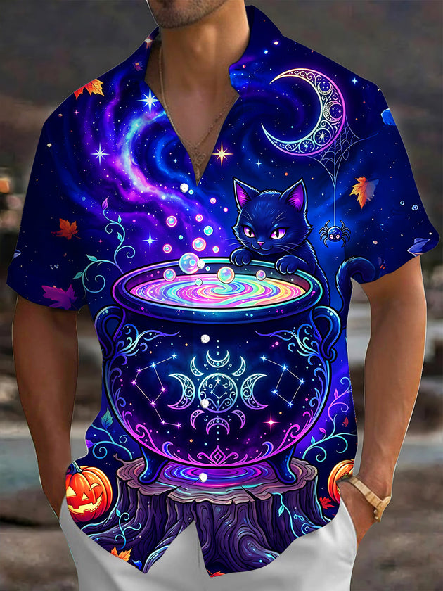 Adaychic Men's Short Sleeve Shirt - Halloween Black Cat And Cauldron With Stars Print with Chest Pocket