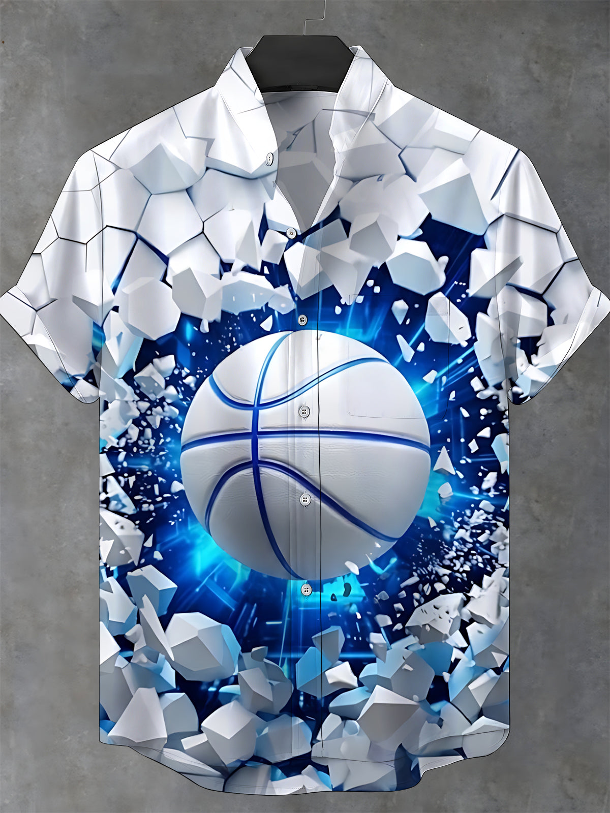Adaychic Men's Short Sleeve Stand Collar Shirt - 3D Basketball Shattering Through White Geometric Blocks Print with Chest Pocket