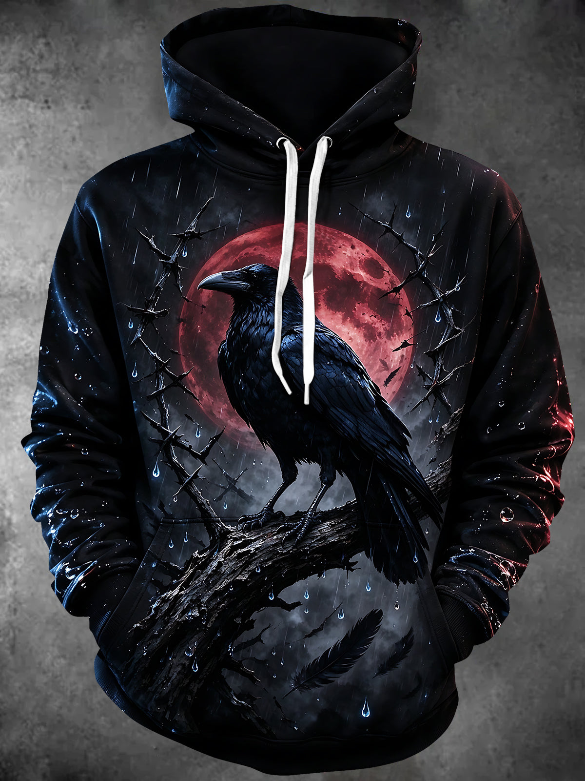 Adaychic Men's Long Sleeve Hoodie - Crow Perched On Branch With Red Moon And Rain Print