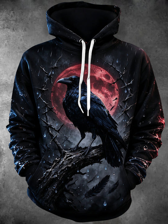 Adaychic Men's Long Sleeve Hoodie - Crow Perched On Branch With Red Moon And Rain Print