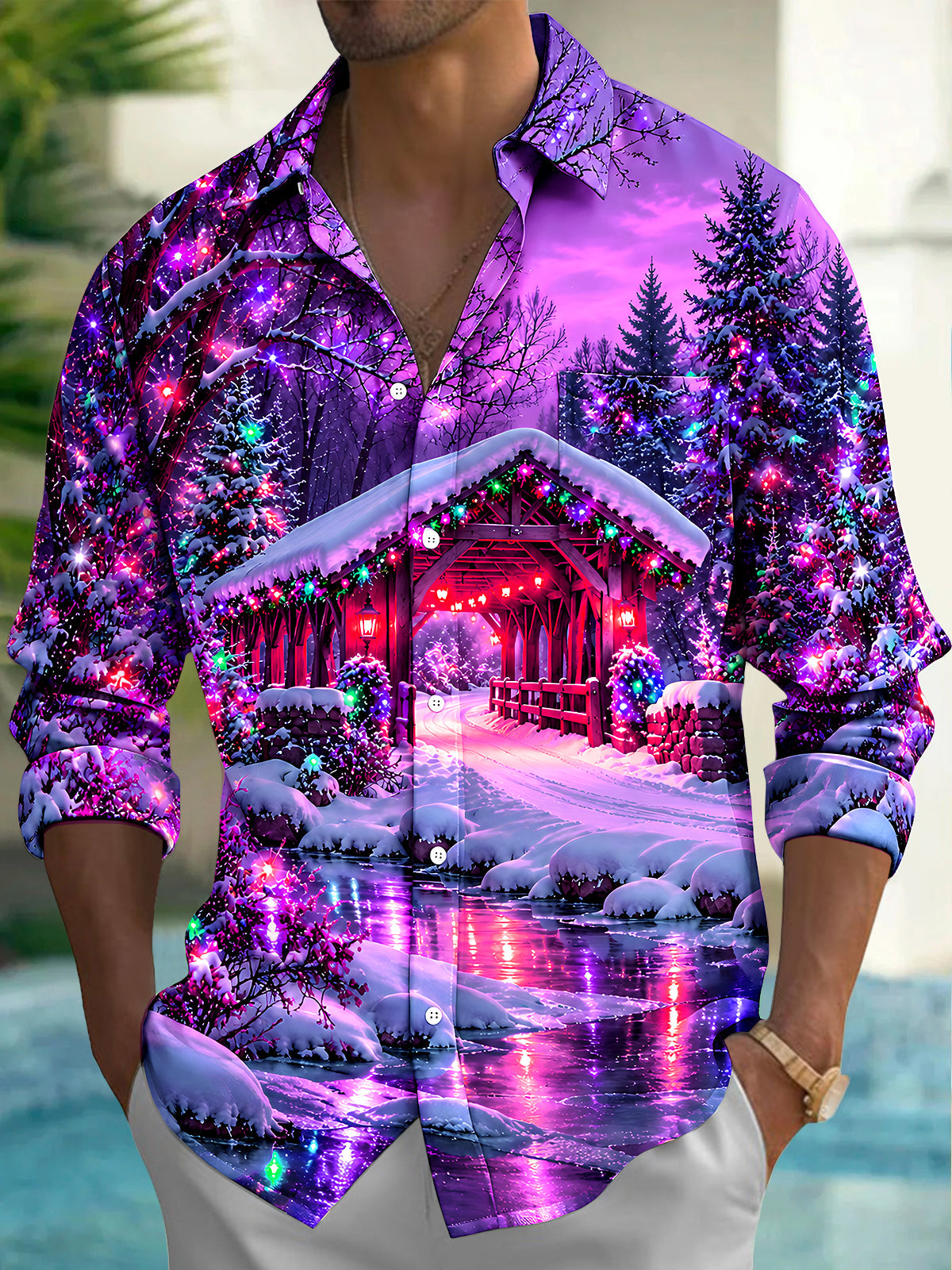 Adaychic Men's Long Sleeve Shirt - Christmas Covered Bridge And Winter Landscape Print with Chest Pocket