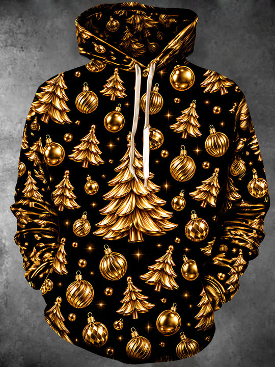 Adaychic Men's Gold Christmas Trees And Ornaments Print Long Sleeve Hoodie