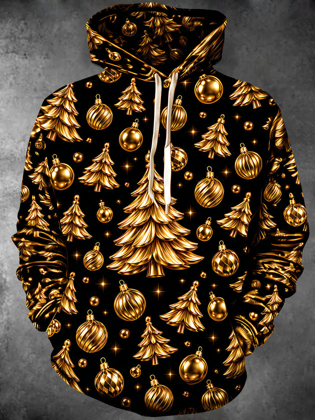 Adaychic Men's Gold Christmas Trees And Ornaments Print Long Sleeve Hoodie