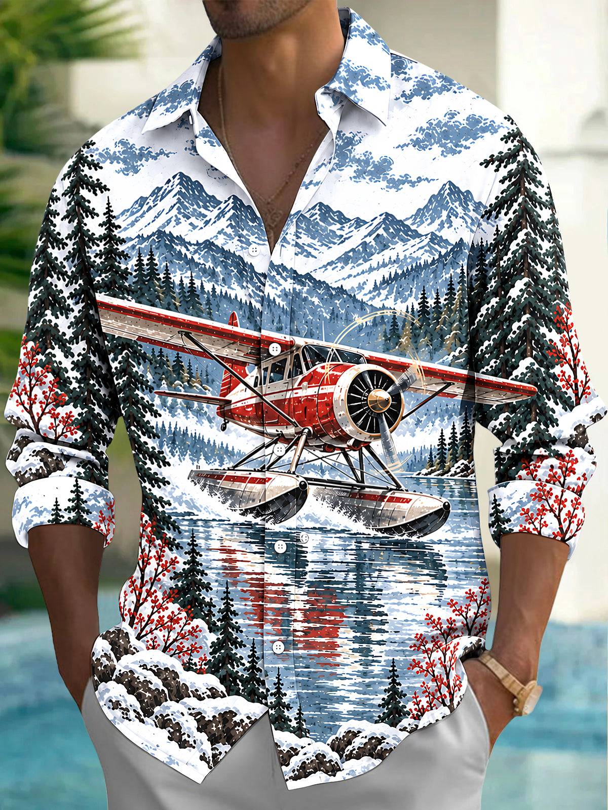 Adaychic Men's Graphic Vintage Snow Seaplane Print Long Sleeve Shirt with Chest Pocket