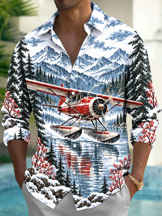 Adaychic Men's Graphic Vintage Snow Seaplane Print Long Sleeve Shirt with Chest Pocket