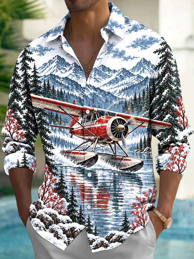 Adaychic Men's Graphic Vintage Snow Seaplane Print Long Sleeve Shirt with Chest Pocket