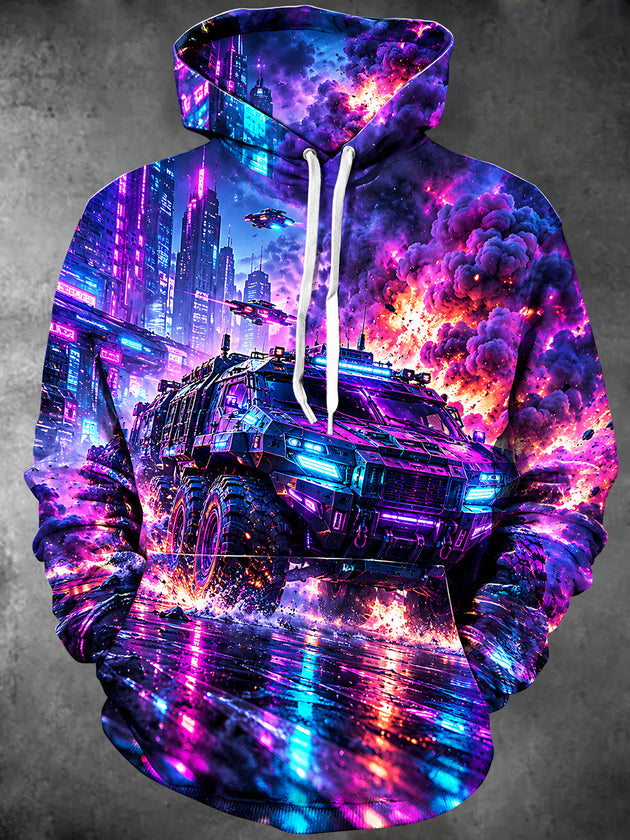 Adaychic Men's Long Sleeve Hoodie - Cyberpunk Armored Vehicle And Neon Cityscape Print