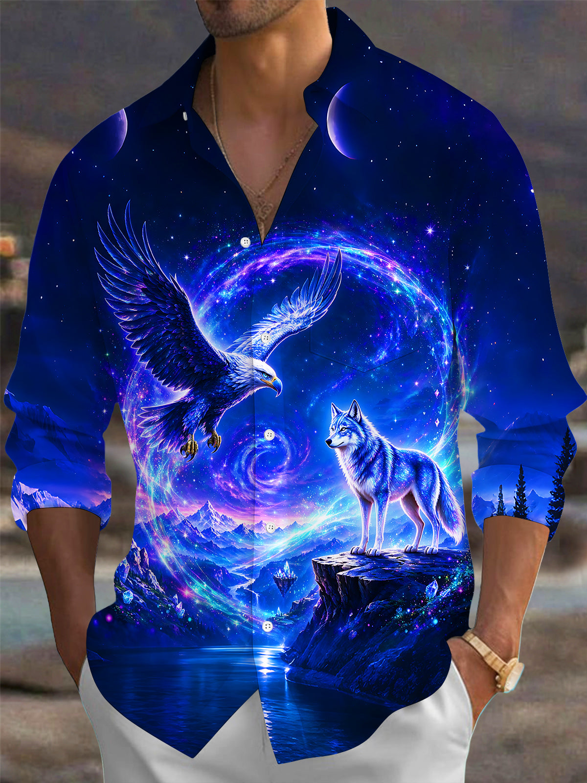 Adaychic Men's Graphic Eagle And Wolf In Cosmic Galaxy Print Long Sleeve Shirt with Chest Pocket