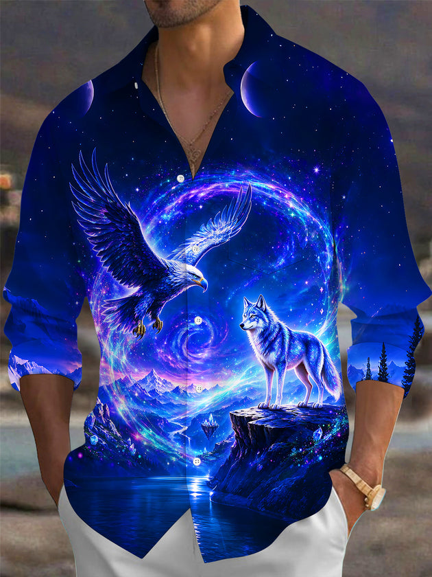 Adaychic Men's Graphic Eagle And Wolf In Cosmic Galaxy Print Long Sleeve Shirt with Chest Pocket