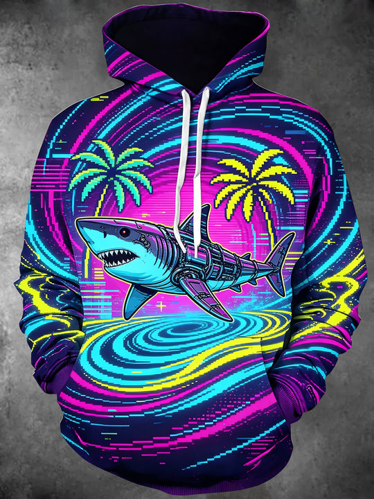 Adaychic Men's Graphic Mechanical Shark Print Long Sleeve Hoodie