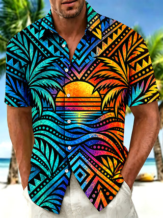 Adaychic Men's Geometric Sunset And Palm Trees Print Short Sleeve Shirt with Chest Pocket