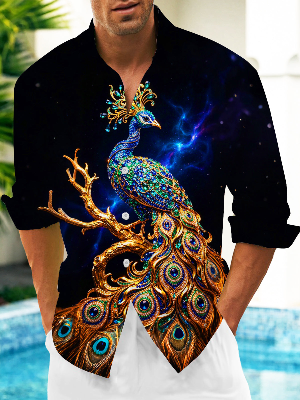 Adaychic Men's Graphic Art Gem Starry Peacock Print Long Sleeve Shirt with Chest Pocket