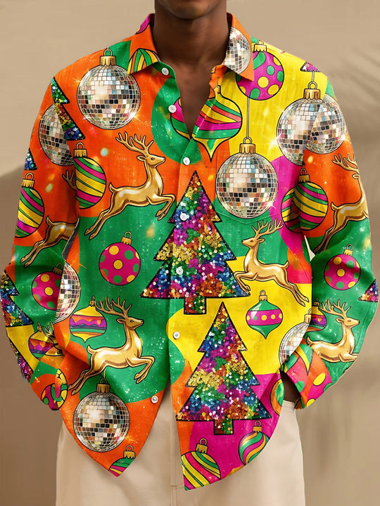 Adaychic Men's Christmas Reindeer And Disco Balls Print Long Sleeve Shirt with Chest Pocket